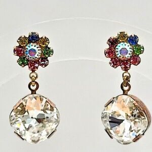 Multicolor Crystal Cluster with Crystal Drop Dangle Silvertone Post Earrings